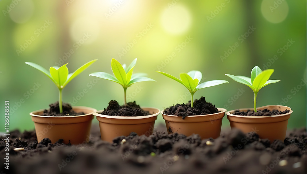 A close-up of young seedlings in biodegradable pots ready for planting. The backdrop is a blurry view of a reforested area, symbolizing eco-restoration and conservation A close-up of young seedlings in biodegradable pots ready for planting. The backdrop is a blurry view of a reforested area, symbolizing eco-restoration and conservation