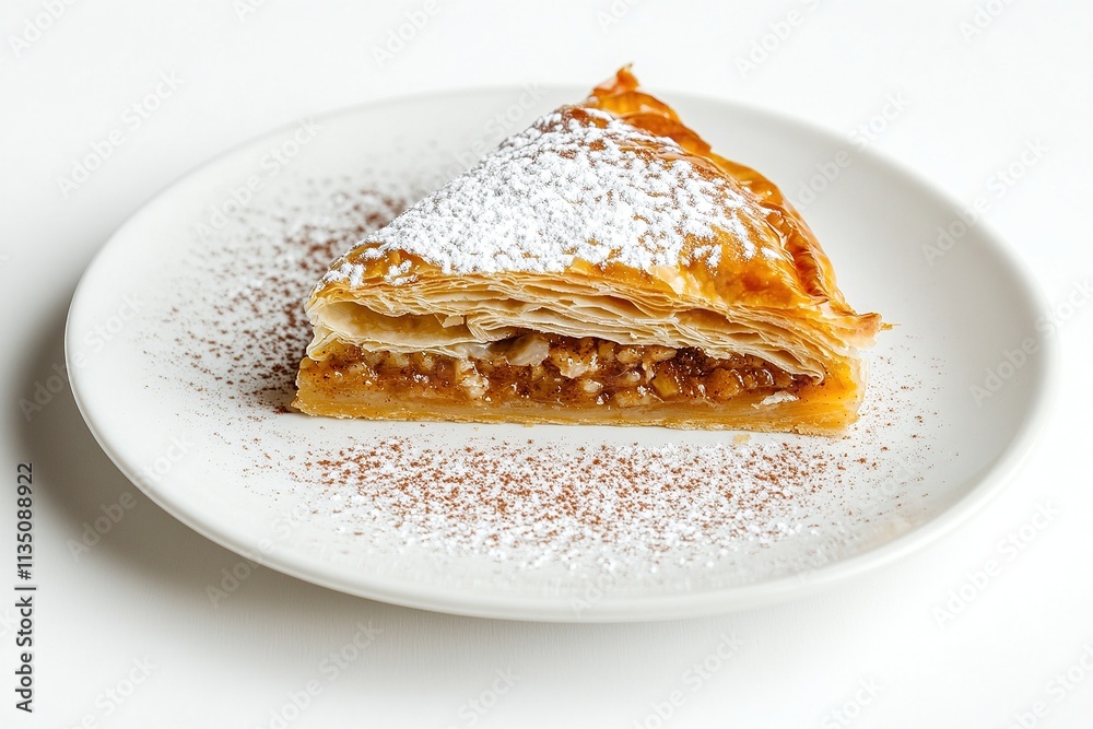 Moroccan pastilla pie with a golden flaky crust, dusted with powdered sugar and cinnamon. Moroccan pastilla pie with a golden flaky crust, dusted with powdered sugar and cinnamon.