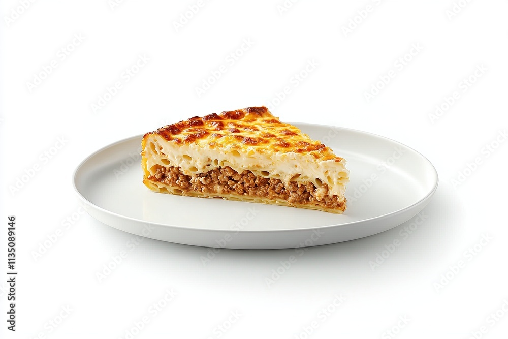 A slice of Greek pastitsio with layers of pasta, minced meat, and bÃchamel sauce. A slice of Greek pastitsio with layers of pasta, minced meat, and bÃchamel sauce.