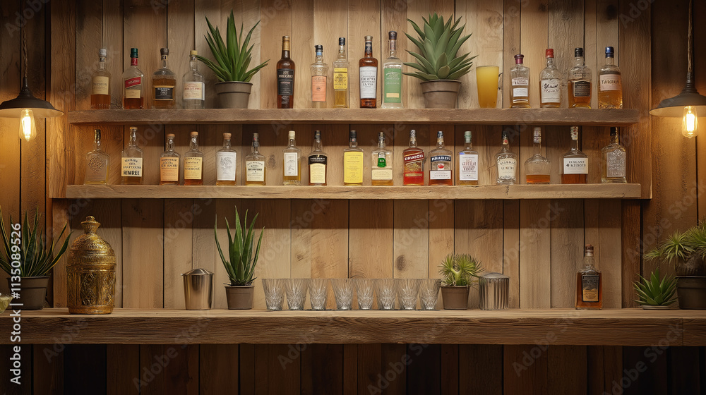 Rustic wooden bar with liquor bottles and glasses.
Rustic wooden bar with liquor bottles and glasses.