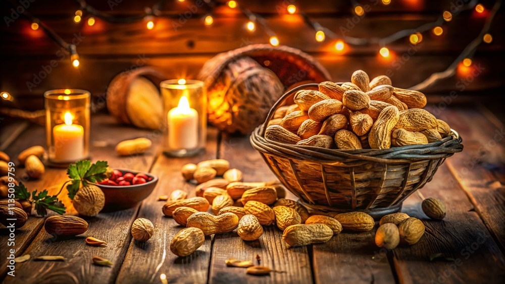Night Photography of a Large Amount of Peeled Salted Peanuts in a Rustic Setting with Soft Ambient Lighting and Shadows for a Cozy, Inviting Feel Night Photography of a Large Amount of Peeled Salted Peanuts in a Rustic Setting with Soft Ambient Lighting and Shadows for a Cozy, Inviting Feel