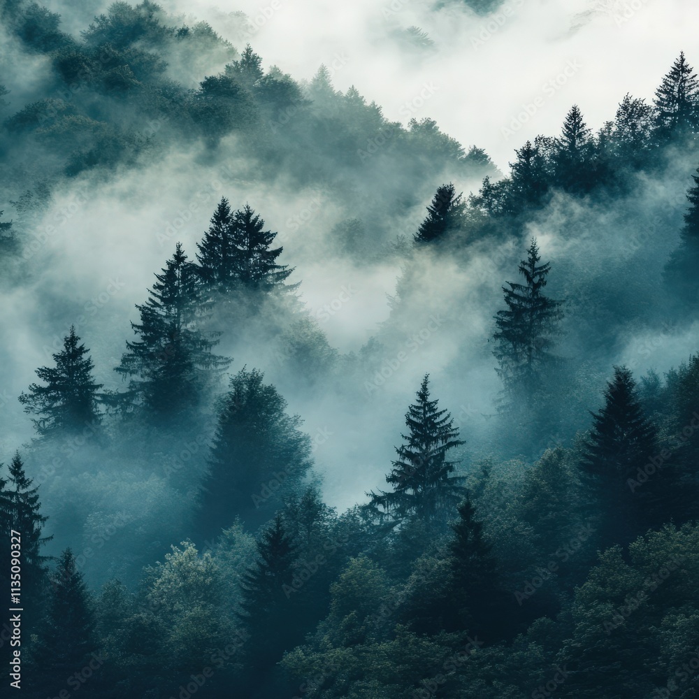 Foggy Mountain Forest with Abstract Landscape in Soft Light Foggy Mountain Forest with Abstract Landscape in Soft Light