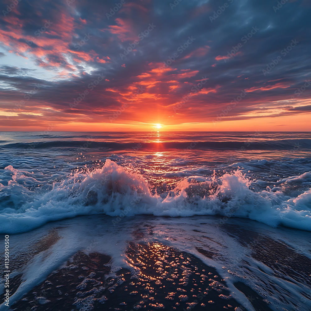 Fototapeta premium Vibrant Sunset Over Tranquil Ocean Waves