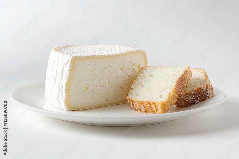 A wedge of queijo da serra (Portuguese mountain cheese) served on a clean white plate, garnished with fresh bread. A wedge of queijo da serra (Portuguese mountain cheese) served on a clean white plate, garnished with fresh bread.