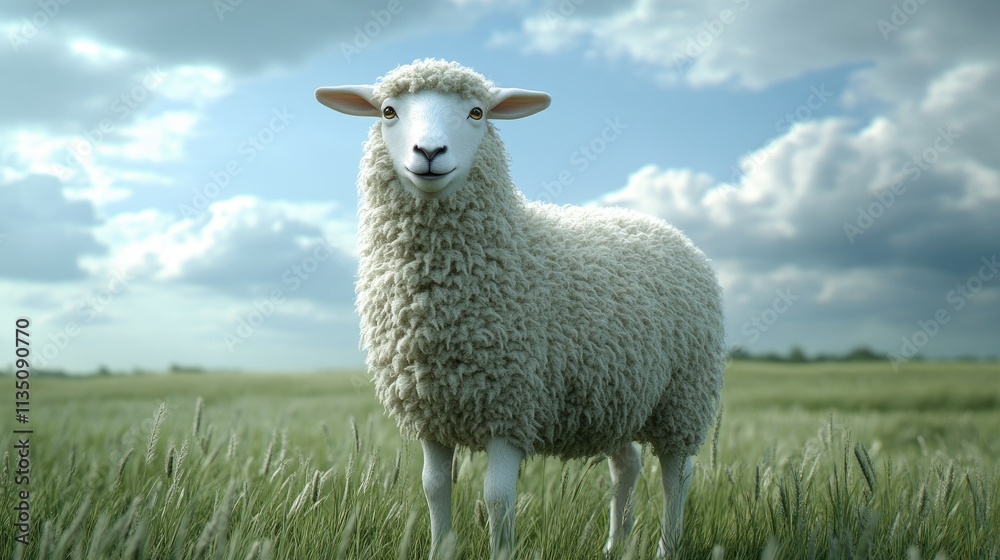 Fototapeta premium A Fluffy Sheep in a Verdant Meadow Under a Cloudy Sky