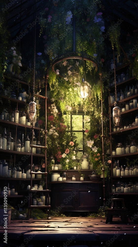 Obraz premium A cozy and enchanting indoor space filled with cascading greenery and colorful flowers. Shelves lined with various glass jars and candles create a warm ambiance, illuminated by soft lighting. A wooden
