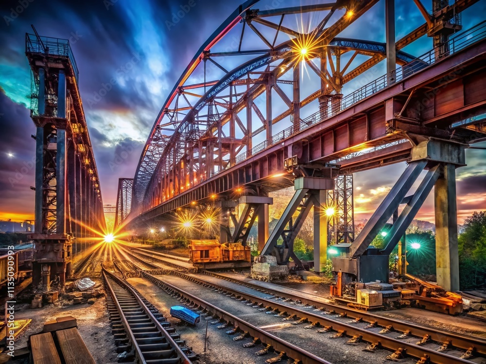 Night Photography of a Railroad Bridge Under Construction: Capturing the Engineering Marvels and Activities Illuminated by Work Lights, Showcasing Night Photography of a Railroad Bridge Under Construction: Capturing the Engineering Marvels and Activities Illuminated by Work Lights, Showcasing