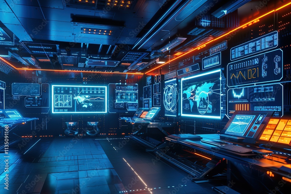 Futuristic room with many computer monitors and a large screen Futuristic room with many computer monitors and a large screen