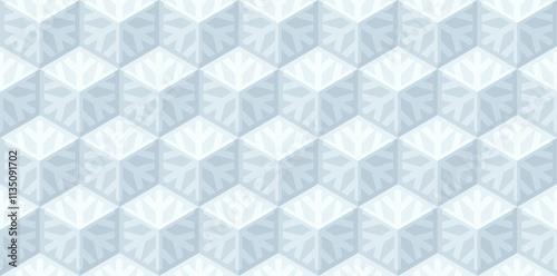 Winter seamless vector 3D pattern with blue snowflakes and optical illusions. Christmas illustration for wrapping, cards, fabric, packing. 3D geometric design. Modern wallpapers.