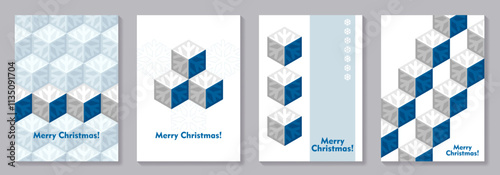 Winter set of cover design template with blue snowflakes and 3D pattern for cover, brochure, catalog, menu design, flyer, cards, social media, poster. Modern Christmas 3D geometric illustration. 