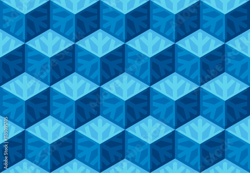 Winter seamless vector 3D pattern with blue snowflakes and optical illusions. Christmas illustration for wrapping, cards, fabric, packing. 3D geometric design. Modern wallpapers.