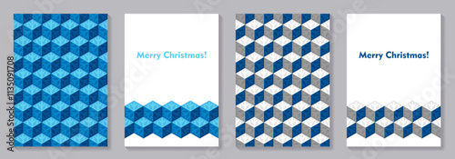 Winter set of cover design template with blue snowflakes and 3D pattern for cover, brochure, catalog, menu design, flyer, cards, social media, poster. Modern Christmas 3D geometric illustration. 