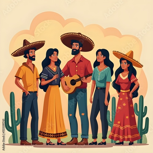 Illustration of Cultural Diversity in Mexico. Group of mexican people. photo