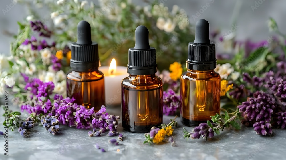 Essential oils for skin are beautifully displayed in amber dropper bottles, surrounded by vibrant flowers and a glowing candle, creating a soothing ambiance. Essential oils for skin are beautifully displayed in amber dropper bottles, surrounded by vibrant flowers and a glowing candle, creating a soothing ambiance.