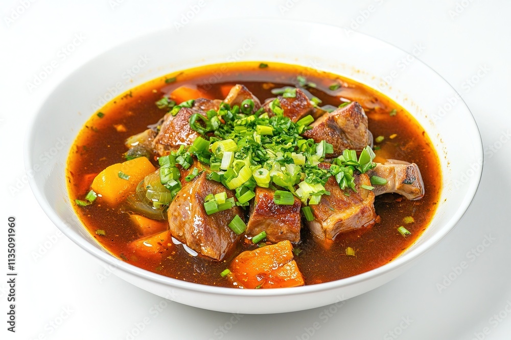 A bowl of Filipino sinigang soup with tamarind, pork, and fresh vegetables. A bowl of Filipino sinigang soup with tamarind, pork, and fresh vegetables.