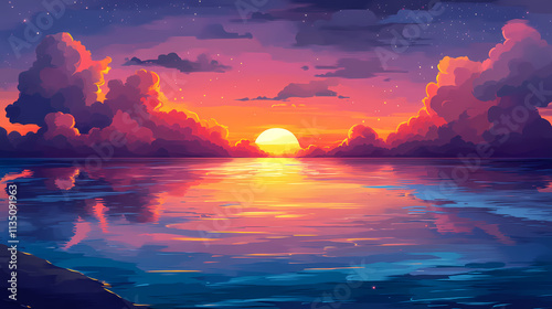 Captivating blissful sunset over tranquil beach scene vibrant skies gentle waves reflecting colors, ocean, horizon, clouds, sky, reflection, landscape. Blissful. Illustration