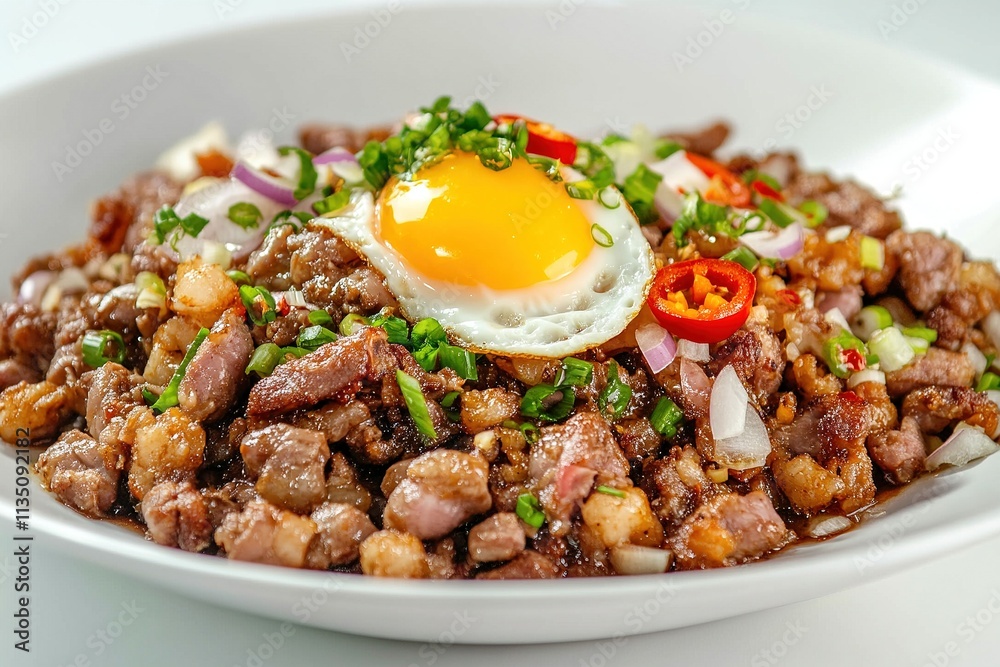 A plate of Filipino sisig with crispy pork bits and egg, garnished with chopped onions and chili. A plate of Filipino sisig with crispy pork bits and egg, garnished with chopped onions and chili.