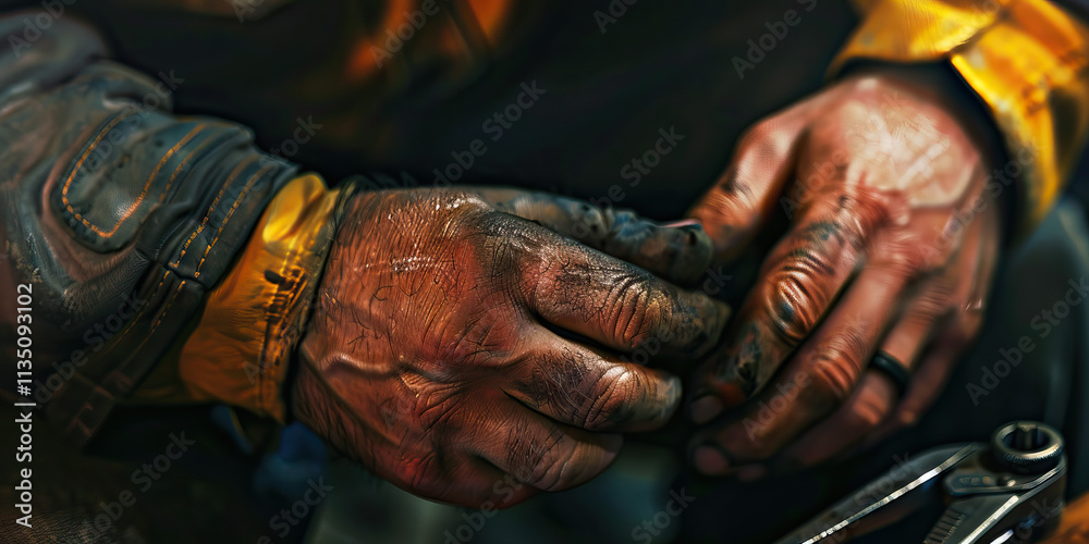 Close-up of Dirty and Calloused Hands with Tool Close-up of Dirty and Calloused Hands with Tool