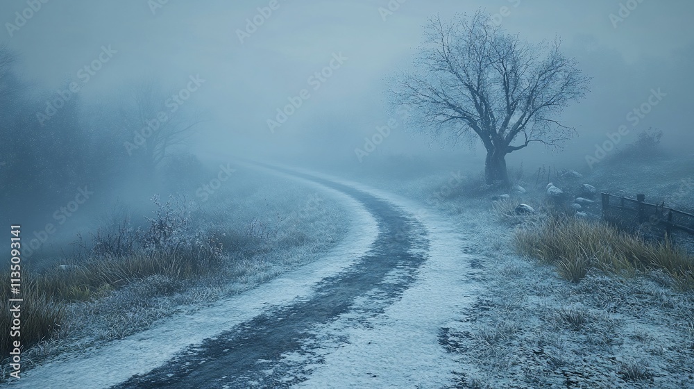 Misty winter road curving past a frozen tree. Misty winter road curving past a frozen tree.