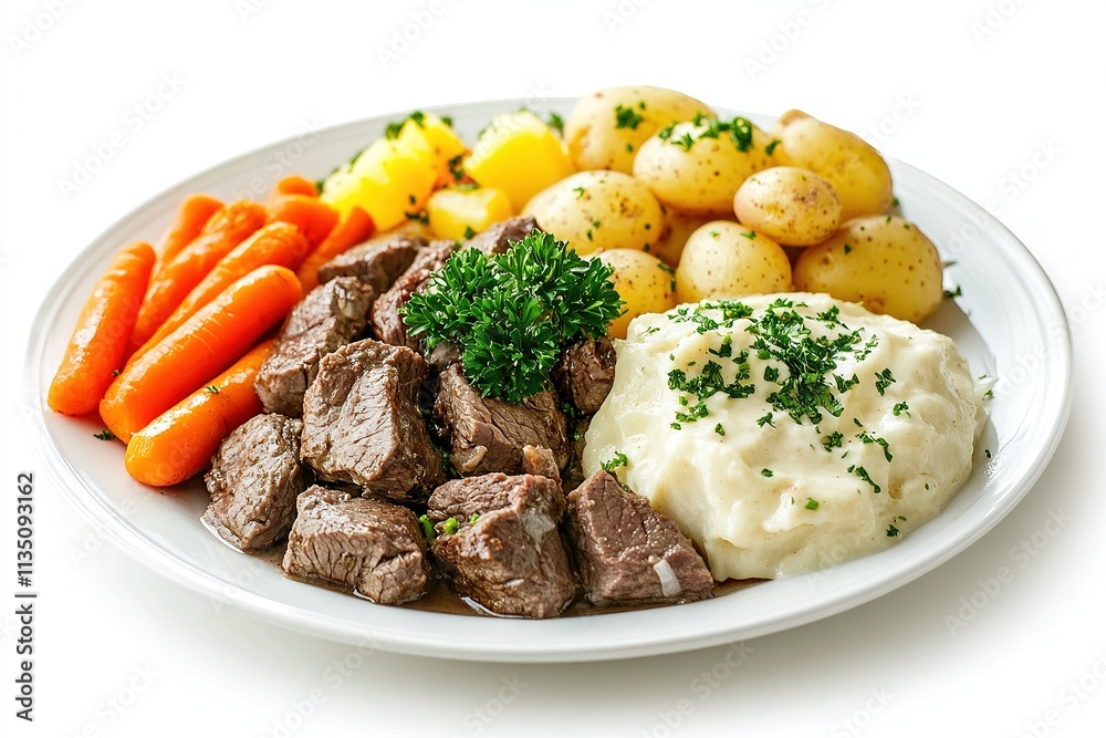 A plate of Austrian tafelspitz (boiled beef) served with horseradish sauce, potatoes, and carrots. A plate of Austrian tafelspitz (boiled beef) served with horseradish sauce, potatoes, and carrots.