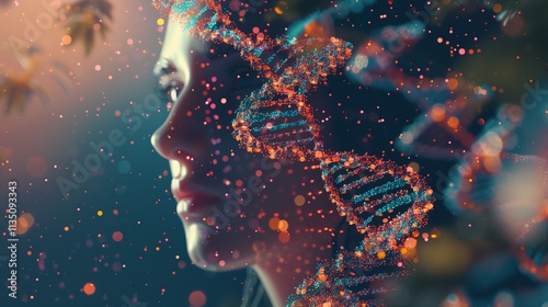 Abstract Woman Portrait Surrounded by DNA Chains – Medical Science Concept