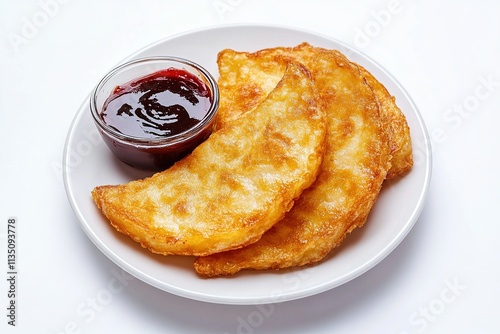 Golden torta frita (fried bread) arranged on a white plate. photo