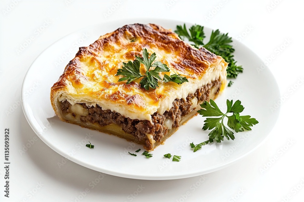 A slice of traditional French-Canadian tourtière meat pie served on a clean white plate. A slice of traditional French-Canadian tourtière meat pie served on a clean white plate.
