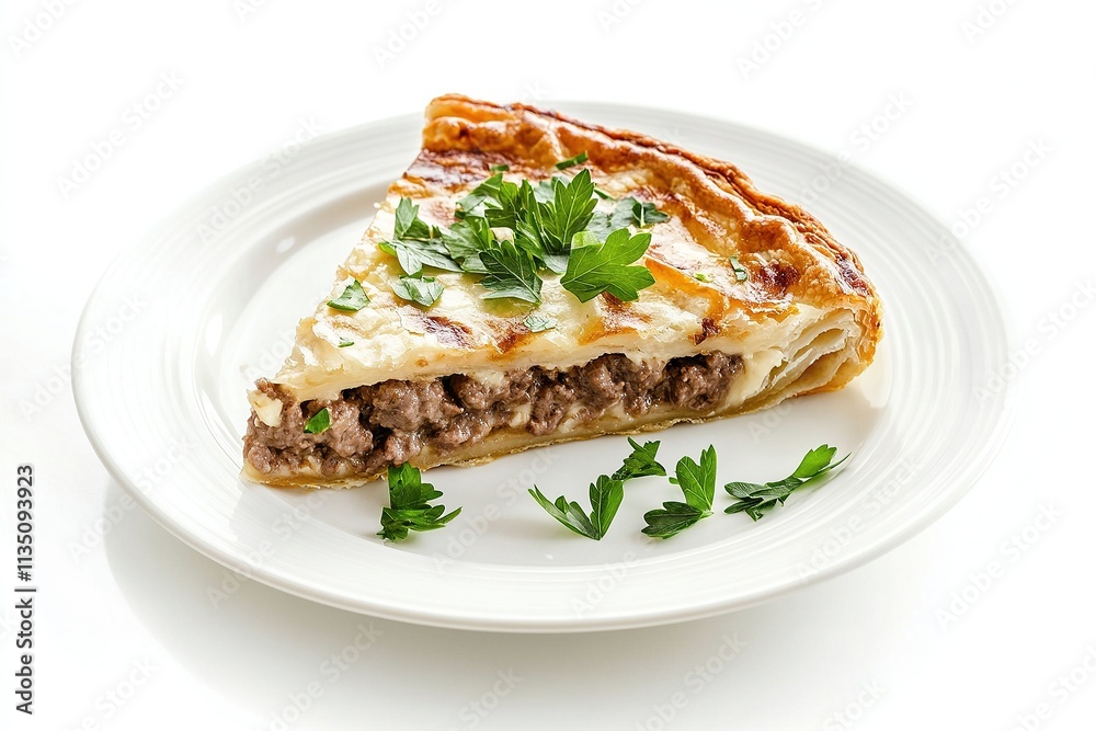A slice of traditional French-Canadian tourtière meat pie served on a clean white plate. A slice of traditional French-Canadian tourtière meat pie served on a clean white plate.