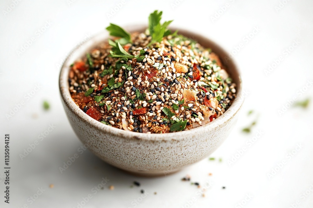 Bowl of za'atar spice mix with sesame seeds and herbs on white background. Bowl of za'atar spice mix with sesame seeds and herbs on white background.