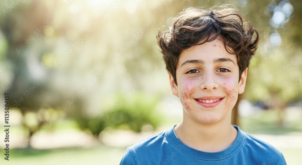 Young boy with acne smiling outdoors in sunny park setting
