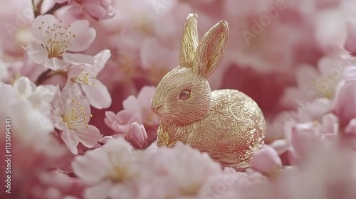 Golden rabbit figurine nestled in delicate pink cherry blossoms.