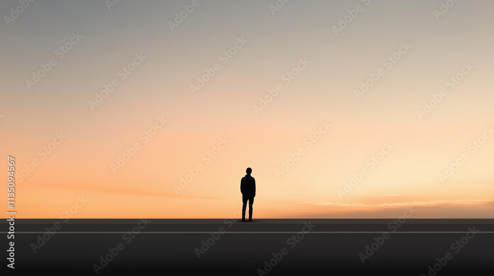 Solitary figure at sunset horizon: male silhouette in open landscape Solitary figure at sunset horizon: male silhouette in open landscape