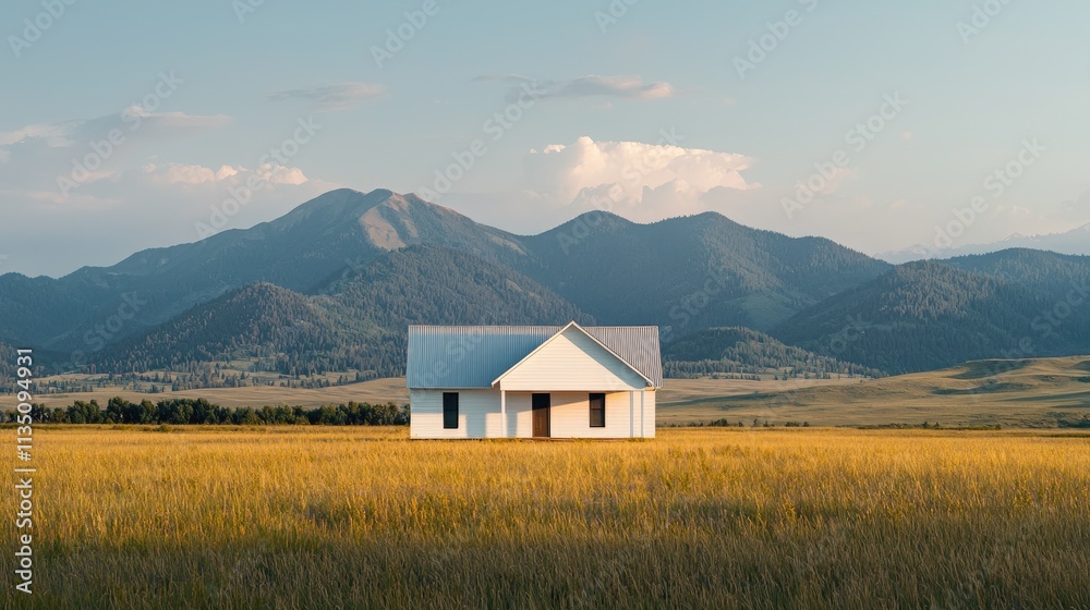 A serene white house stands alone in a vast, golden field, surrounded by rolling mountains under a clear sky. A serene white house stands alone in a vast, golden field, surrounded by rolling mountains under a clear sky.