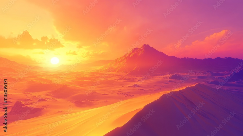 Fototapeta premium A vibrant sunset over a vast desert landscape with mountains in the background.