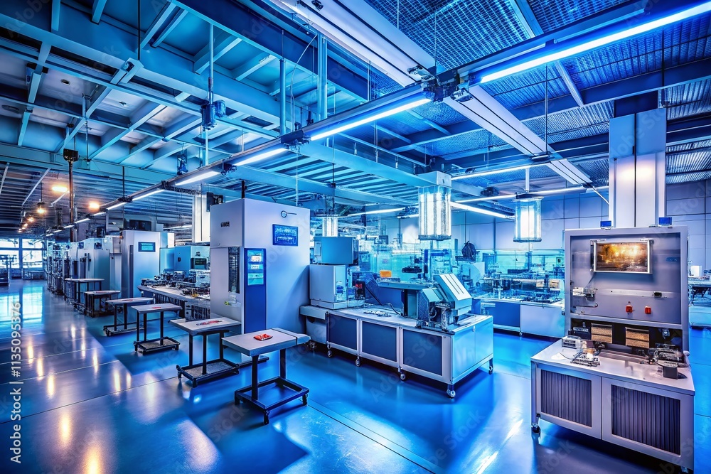 Fototapeta premium Nighttime Interior of a Semiconductor Manufacturing Facility with Advanced Machinery and Computers Illuminated in Blue Hues, Showcasing High-Tech Production Environment