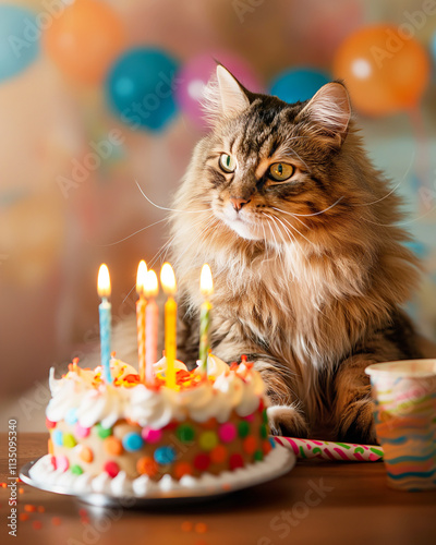 Happy birthday celebration with a fluffy cat, colorful cake, and bright candles photo