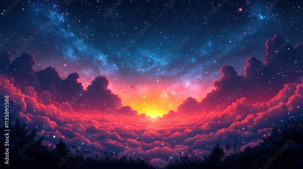 Naklejka premium A vibrant sunset over clouds, showcasing a starry sky and colorful atmosphere.
