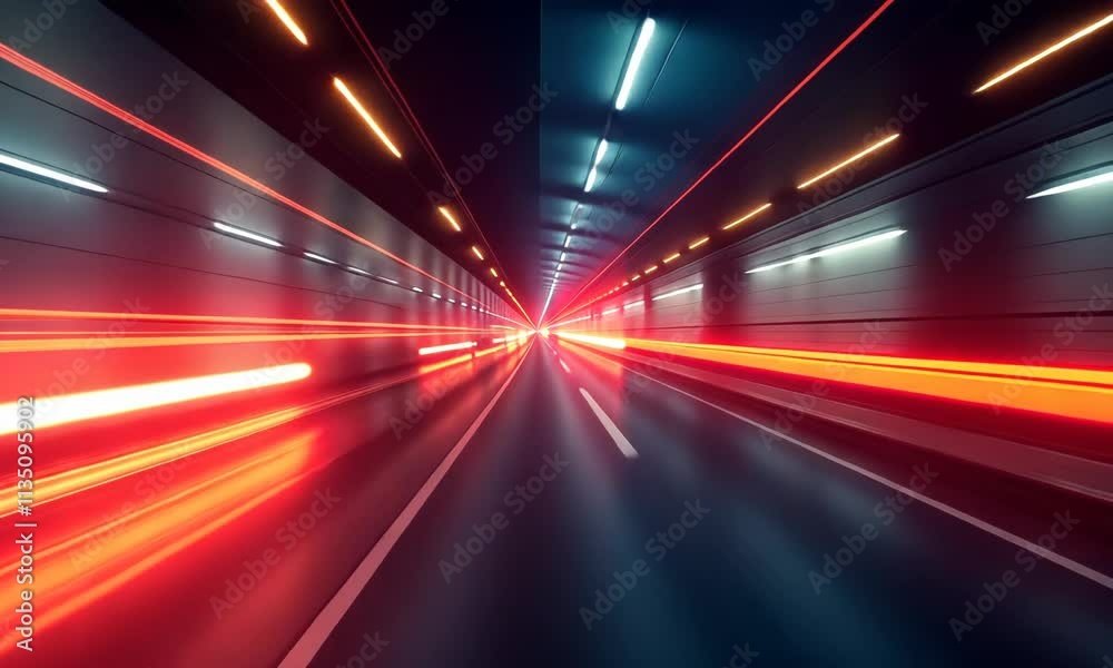 Fastpaced tunnel journey with vibrant light trails and increasing speed