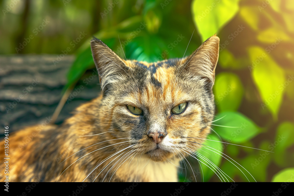 A beautiful tabby feline with striking green eyes and whiskers posing outdoors in summer light A beautiful tabby feline with striking green eyes and whiskers posing outdoors in summer light