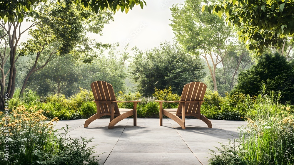 Obraz premium Wooden Chairs Facing Serene Garden Landscape