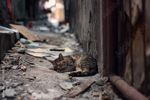 Sleeping stray cat in a gritty urban alley resting on concrete against an abandoned backdrop