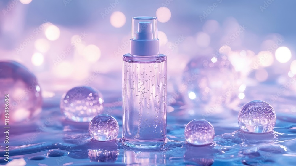 Serene Cosmetic Bottle with Bubbles and Soft Lighting Serene Cosmetic Bottle with Bubbles and Soft Lighting