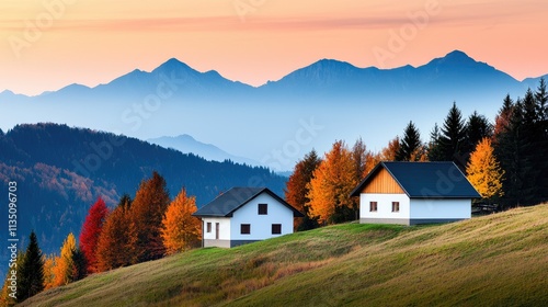 A serene landscape featuring two houses nestled among vibrant autumn trees with mountains in the background during a colorful sunset.