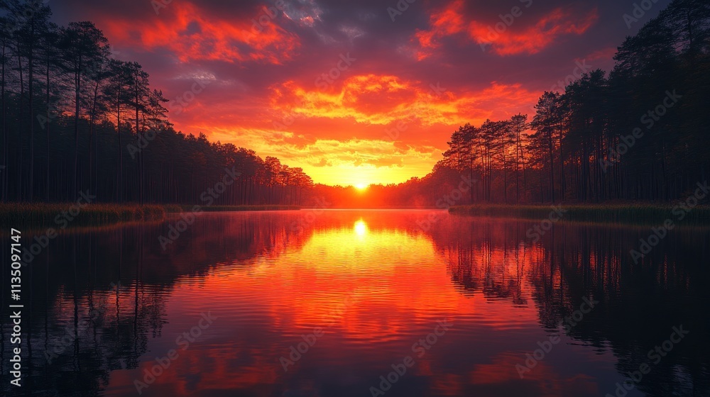 Fototapeta premium A vibrant sunset reflecting on a tranquil lake surrounded by trees.