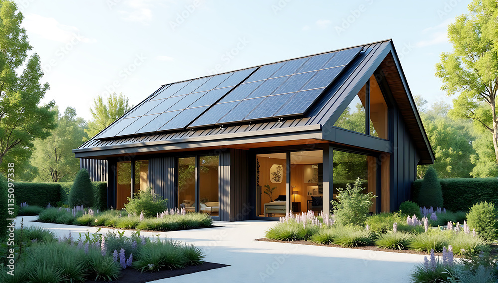 The exterior of a contemporary smart home with solar panels on the roof, surrounded by a lush garden with native plants. A rainwater harvesting system is subtly visible in the design The exterior of a contemporary smart home with solar panels on the roof, surrounded by a lush garden with native plants. A rainwater harvesting system is subtly visible in the design