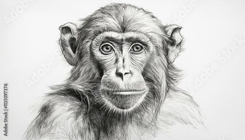 Monkey sketched in pencil on white background