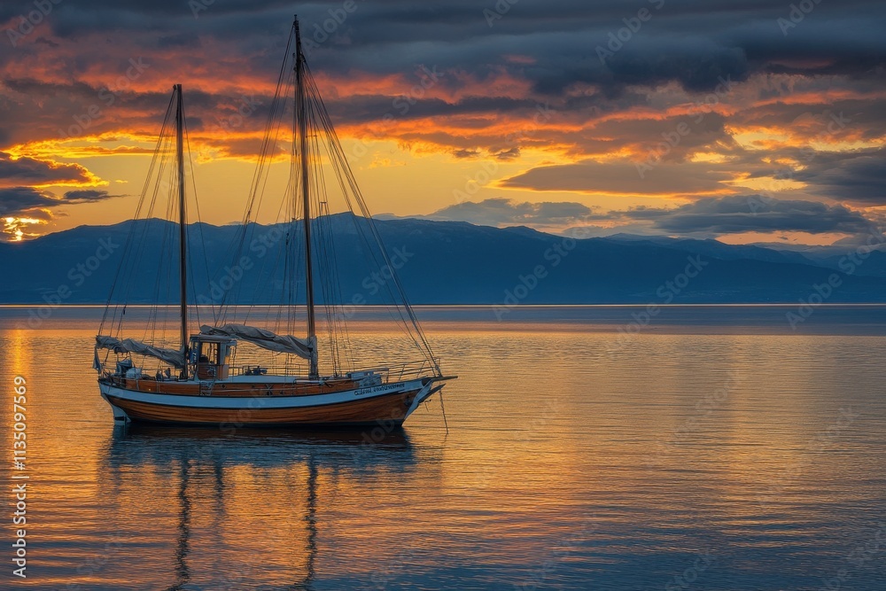 Naklejka premium Serene Sunset over the Lake with a Wooden Sailboat