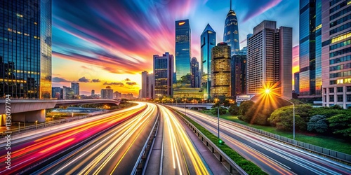 Optimizing the Dawn of a New Era in Technology with Long Exposure Capturing Dynamic Light Trails and Futuristic Cityscapes, Symbolizing Innovation and Connectivity in a Digital World #1135097794