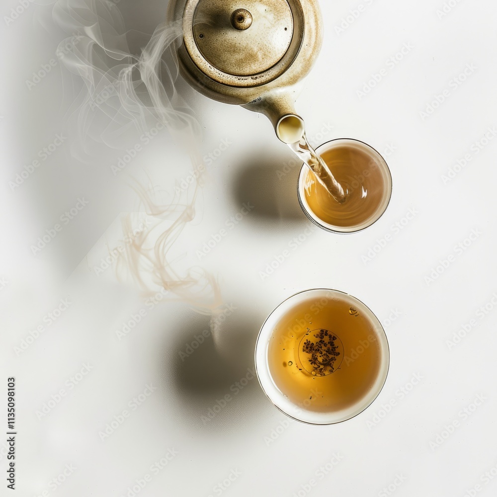 A tranquil scene of a traditional Chinese tea ceremony with a teapot pouring jasmine tea into a porcelain cup, steam rising gracefully, isolated white background A tranquil scene of a traditional Chinese tea ceremony with a teapot pouring jasmine tea into a porcelain cup, steam rising gracefully, isolated white background