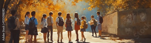 Group of children enjoying a sunny day in a picturesque outdoor setting. photo